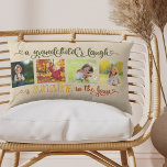 Solskin i huset Farchild Quote 4 Photo Lumbarkudde<br><div class="desc">Skapa en egen fotokudde för anpassningsbarna med 4 av dina favoritfoton. I designen står det: "Ett barnbarns skratt är solljus i huset". Den är skriven i ornatal kalligrafi med kärlek hjärta och en ombre färg palett av oliv grönt genom solig gult och bränd orange. Fotomallen ställs in med redot att...</div>