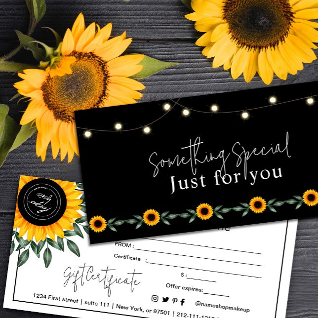 Solskyddscertifikat med solros (Sunset Gift Certificate with Sunflower #sunflowersgiftcard #zazzlemade #calligraphic #bloomspring)