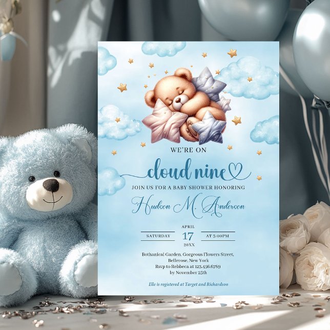 Solskyddsmoln 9 Boy Baby Shower nalle Inbjudningar (cloud nine - sleeping teddy bear blue and gold boy baby shower invitation)