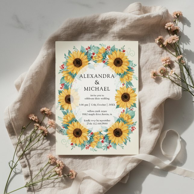 Solsnicke Rustik Bröllopsinbjudan Blommig Inbjudningar (Sunflower rustic wedding design with warm floral elegance)