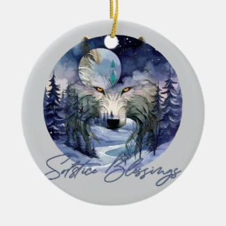 Solstice Blessings Winter Varg Moonlight Skogen Julgransprydnad Keramik