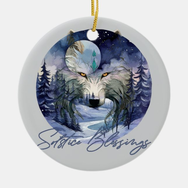 Solstice Blessings Winter Varg Moonlight Skogen Julgransprydnad Keramik (Framsidan)