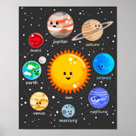 Solsystemets kawaii illustration av sol och planet poster