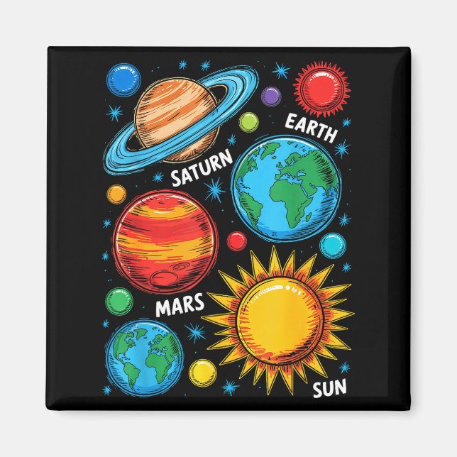 Solsystemets planeter Jorden Mars Saturnus Solen S Magnet (Framsidan)