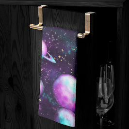 Solsystemglöd | Cosmic Blue Lila Rosa Planet Kökshandduk