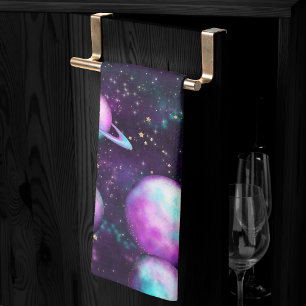 Solsystemglöd Cosmic Blue Lila Rosa Planet Kökshandduk