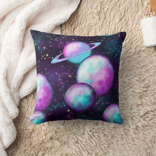 Solsystemglöd | Cosmic Blue Lila Rosa Planet Kudde (Filt)