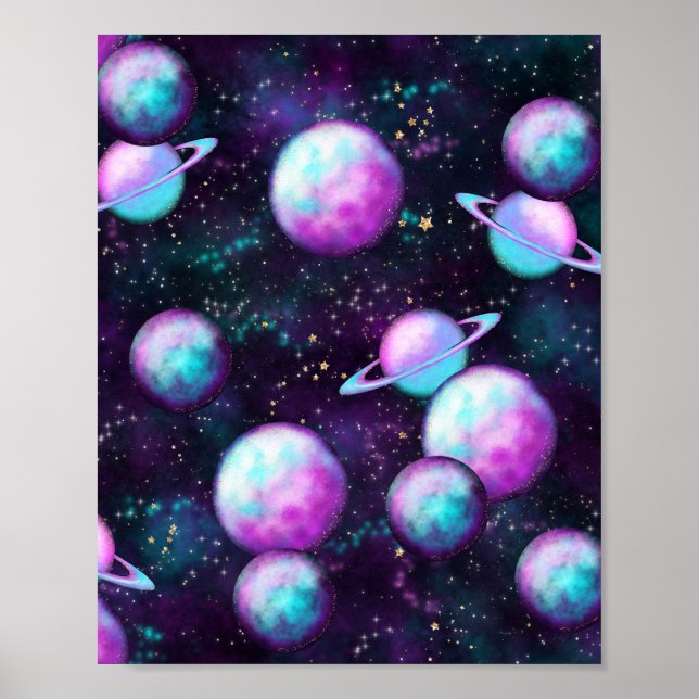 Solsystemglöd | Cosmic Blue Lila Rosa Planet Poster (Framsidan)