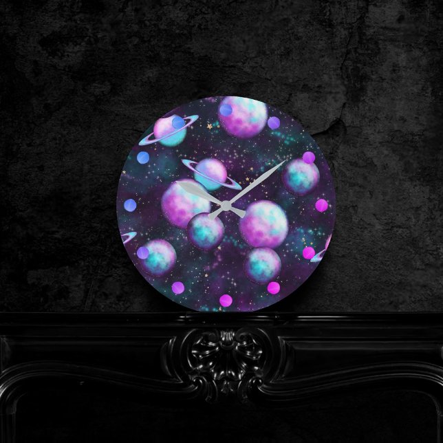 Solsystemglöd | Cosmic Blue Lila Rosa Planet Rund Klocka (Skapare uppladdad)