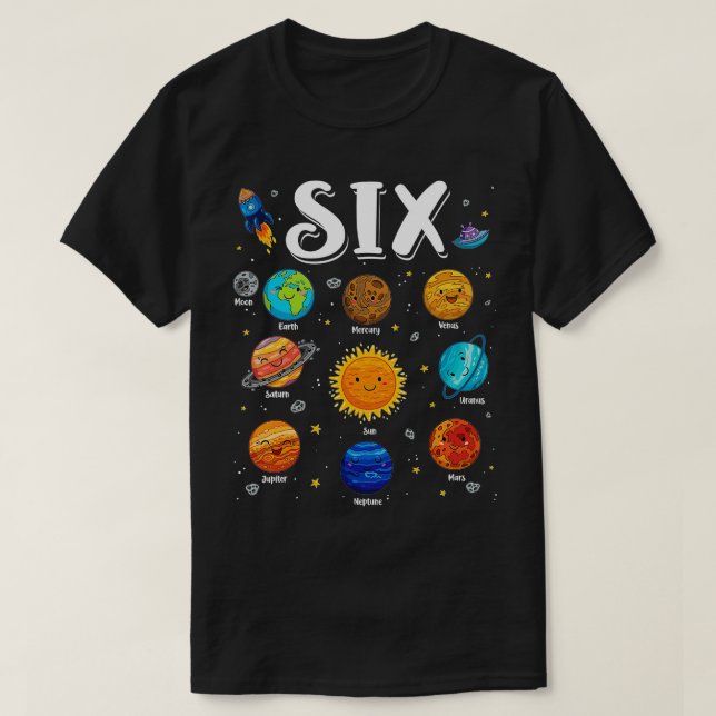 Solsystemplaner sex sex år gamla 6e-födelsedagen t shirt (Design framsida)