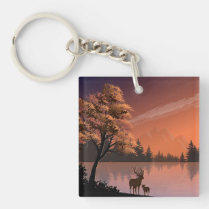 Soluppåtliggande landskap med Sjö och Deers-51207