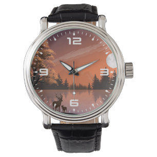 Soluppåtliggande landskap med Sjö och Deers-51207 Armbandsur
