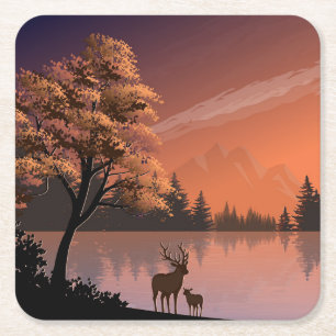 Soluppåtliggande landskap med Sjö och Deers-51207 Underlägg Papper Kvadrat