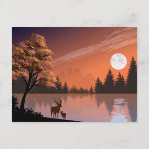 Soluppåtliggande landskap med Sjö och Deers-51207 Vykort