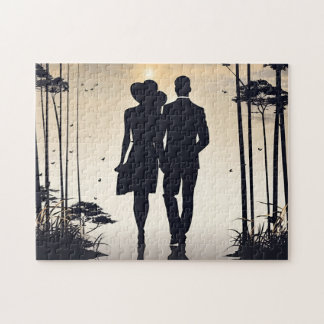 Soluppgång: Black & White Silhouette-par Pussel