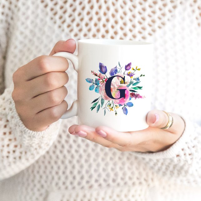 Soluppgång Boho Blommig Marin Monogram Kaffemugg (Skapare uppladdad)