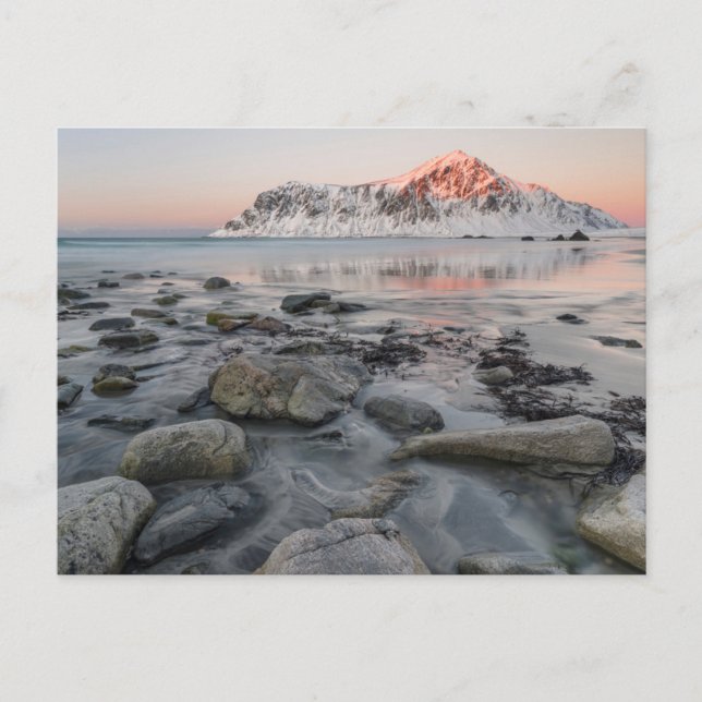 Soluppgång Flakstad och Skagsanden Strand Vykort (Framsida)