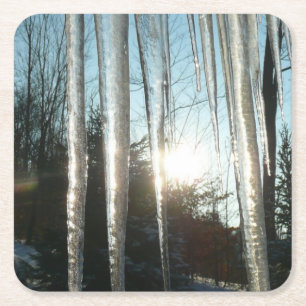 Soluppgång genom Icicles Winter Nature Photogratog Underlägg Papper Kvadrat
