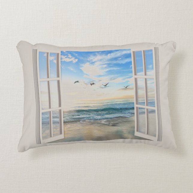 Soluppgång i havet genom fönstret prydnadskudde (Framsidan)