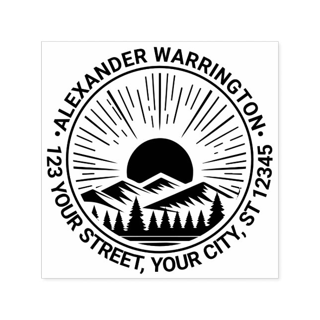 Soluppgång i närheten av bergen Namn Retn Adress Självfärgande Stämpel (Design)