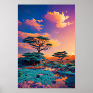Soluppgång - målning för Afrikas landskap Poster