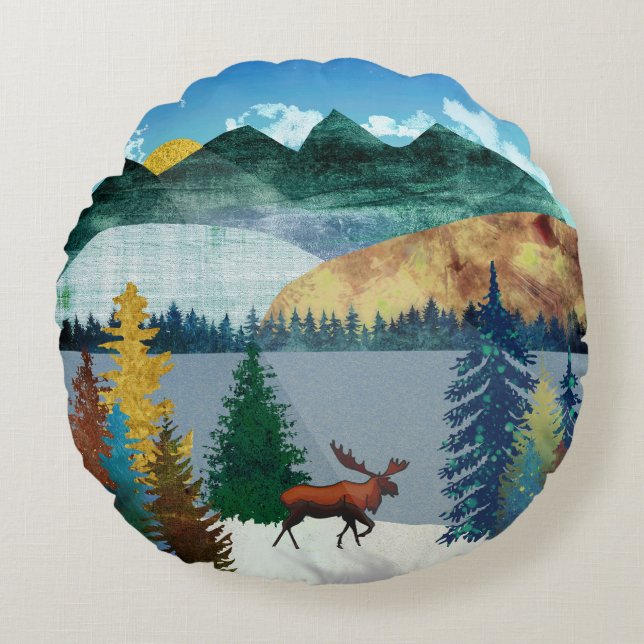 Soluppgång Moose Rund Kudde (Framsidan)