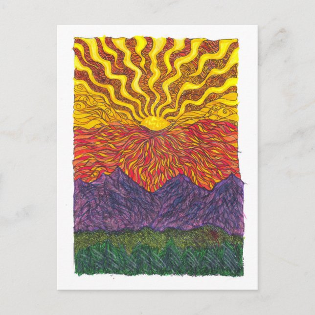 Soluppgång över bergen vykort (Framsida)