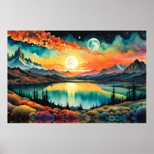 Soluppgång över berget Sjö som Måne. Poster