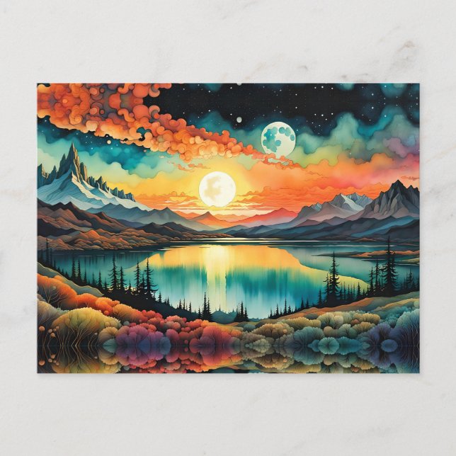 Soluppgång över berget Sjö som Måne. Vykort (Framsida)