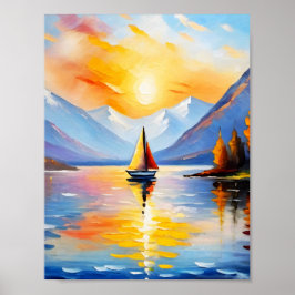 Soluppgång över ett berg med tak över sjö och snö poster
