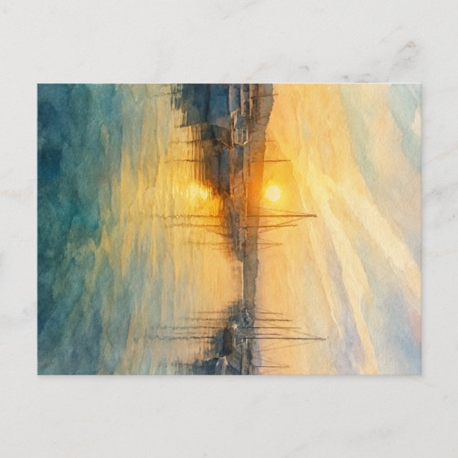 Soluppgång över ett Medelhavskort med Marina Postc Vykort (Framsida)