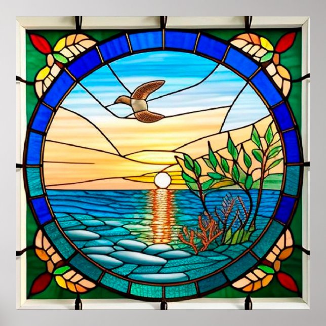 Soluppgång över havet med flygande fågel poster (Framsidan)