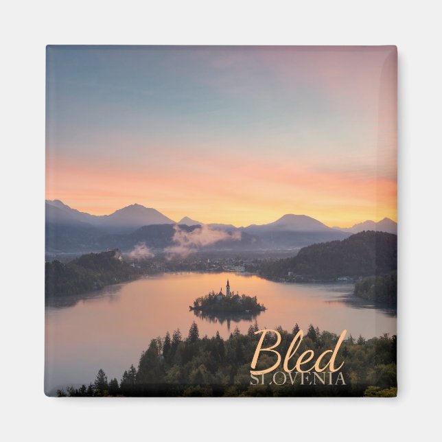 Soluppgång över Sjö Bled textmagnet Magnet (Framsidan)