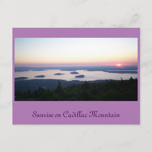 Soluppgång på Cadillac Mt., vykort (Framsida)