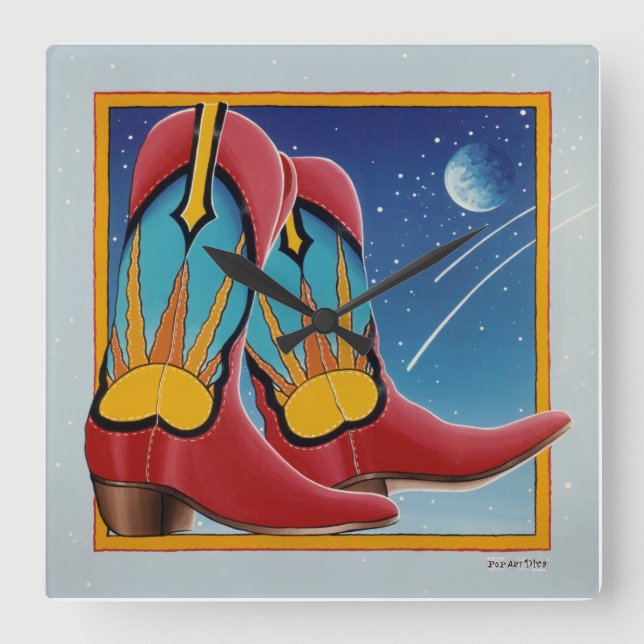 Soluppgång Solnedgång Western COWBOY BOOT WALL CLO Fyrkantig Klocka (Framsida)