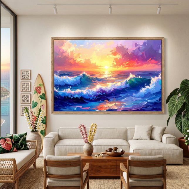Soluppgång till sjöss över vågor målning canvastryck (seascape
)