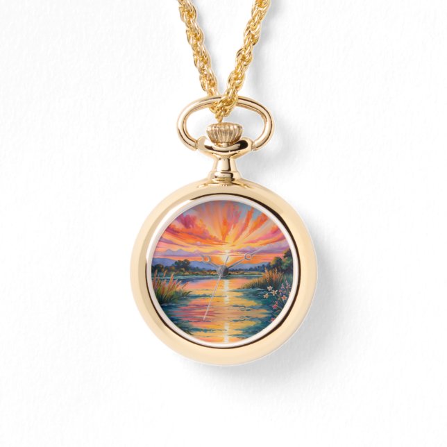 Soluppgång vid dammens vattenfärg armbandsur (Framsida)