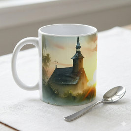 Soluppgångskyrka med fåglar i dimmig äng Inget ver Kaffemugg