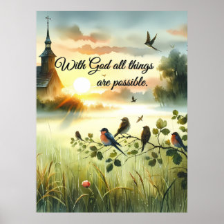 Soluppgångskyrka med fåglar i dimmig äng poster