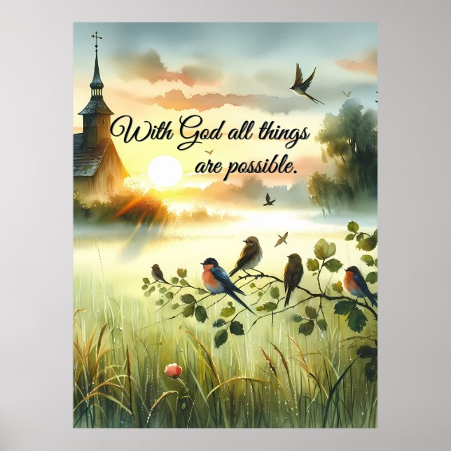 Soluppgångskyrka med fåglar i dimmig äng poster (Framsidan)