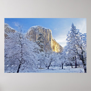 Soluppgångsljus träffar El Capitan genom snöiga Poster