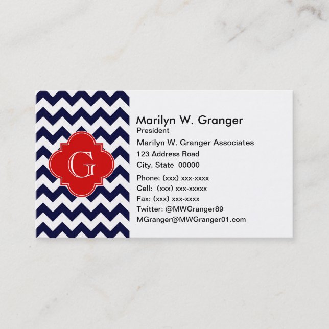 Solvit Chevron Red Quatrefoil Monogram Visitkort (Framsida)