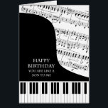 Som en son till mig Piano och Music Birthday Hälsningskort<br><div class="desc">Ett födelsedagskort för någon som är som en son. Ett underbart kort för alla som går in i pianomusik. Ett stort piano med nycklar längs grund på kortet. En lakan av musiken fyller bakgrunden. Ett underbart kort för någon som kärlekar musik. Detta är INTE ett musikkort, det spelar INTE musik:...</div>