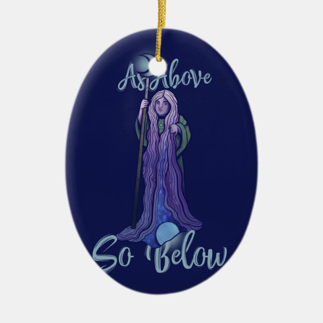 "Som ovan nedan" Crone Måne Goddess Pagan Art Julgransprydnad Keramik (Framsidan)