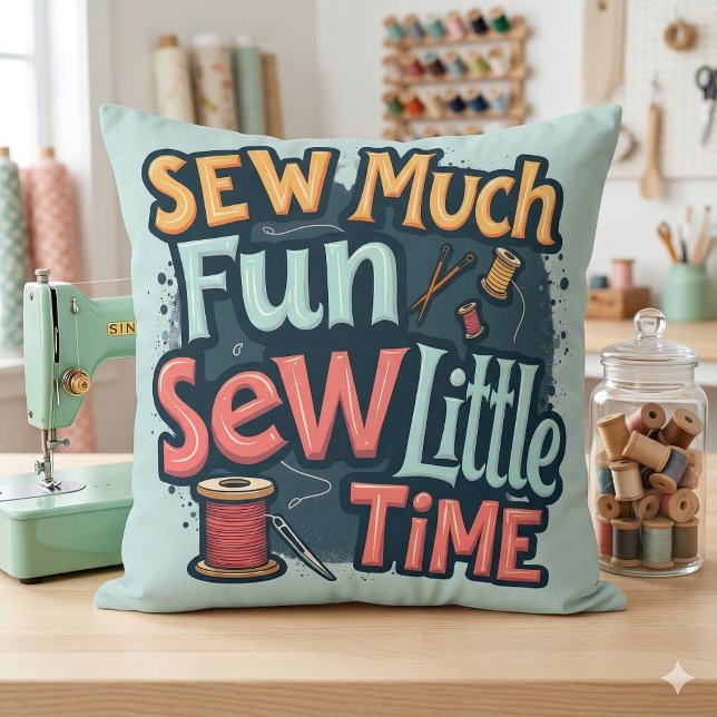 Söm så kul så lite tid Retro Stickad konst Kudde (Sew Much Fun Sew Little Time Retro Stitch Art Throw Pillow Mockup A)