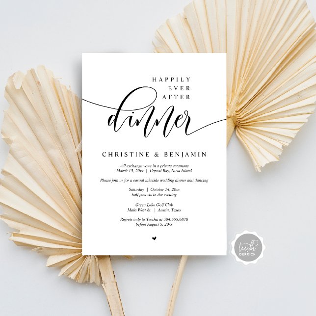 Som tur är efter middagen kan du sprida modern sti inbjudningar (Happily Ever After Dinner, Elopement Modern Script Invitation Card, Digital Download, Email)