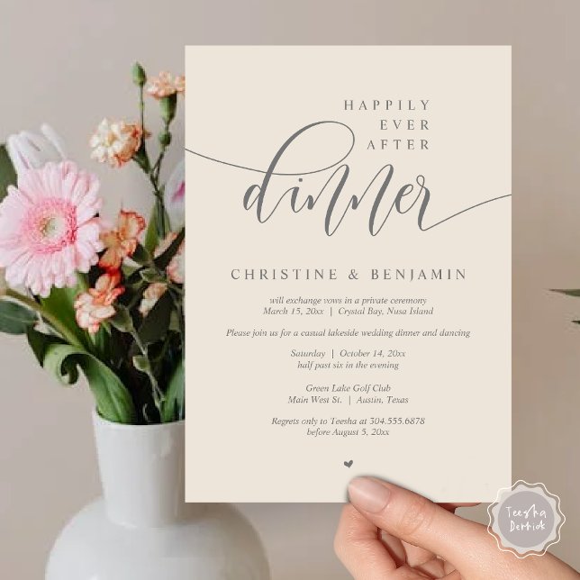 Som tur är efter middagen kan du sprida modern sti inbjudningar (Happily Ever After Dinner, Modern Wedding Elopement Party Invitation Card, PDF, Dark Grey Cream)