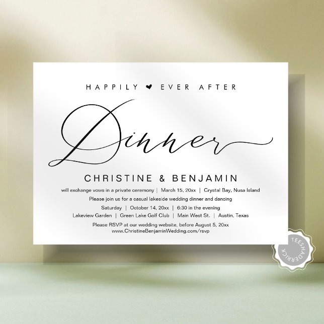Som tur är efter middagsövningen, modern skrift inbjudningar (Happily Ever After Dinner Elopement Party, Modern Script Invitation Card, Digital and Printed Copies)