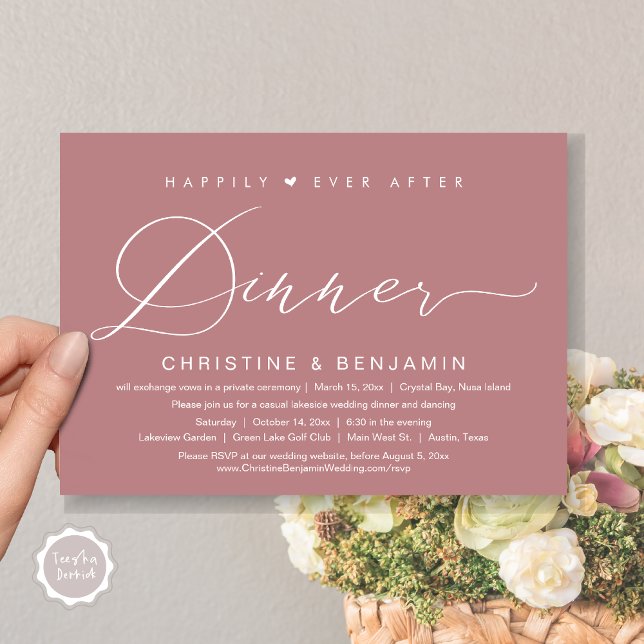 Som tur är efter middagsövningen, modern skrift inbjudningar (Happily Ever After Dinner Invitation Card, PDF, Modern Romantic Script, in Dusty Rose Pink)