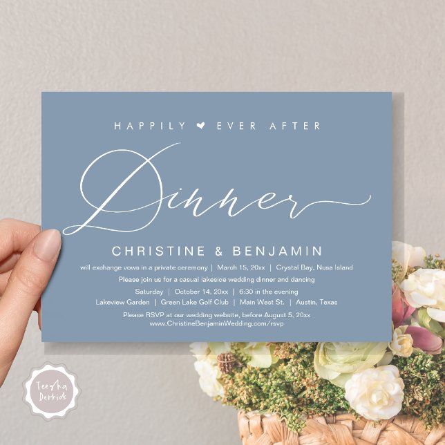 Som tur är efter middagsövningen, modern skrift inbjudningar (Happily Ever After Dinner Invitation Card, PDF, Modern Romantic Script, in Dusty Blue)